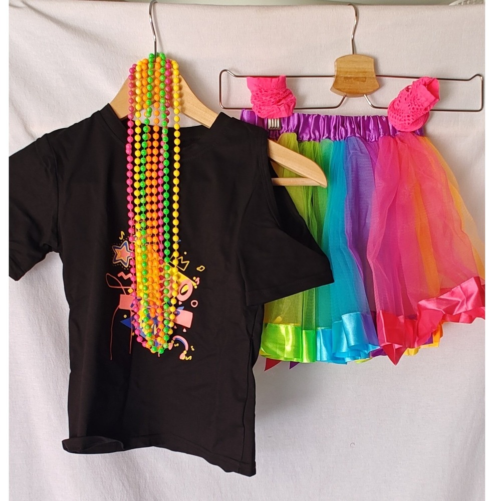 Somsoc 80s Costume Set Black Rainbow Tutu Neon Beads Gloves Kids Size Small